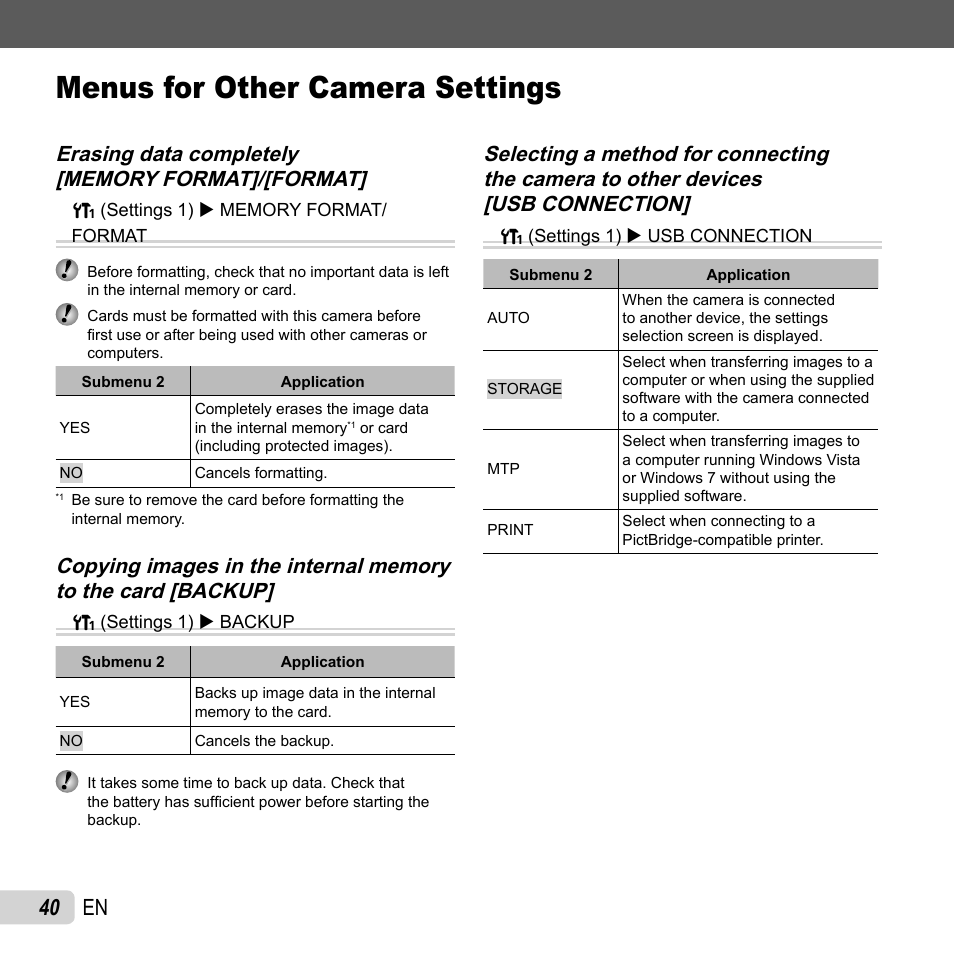 Menus for other camera settings, 40 en | Olympus T-110 User Manual | Page 40 / 75