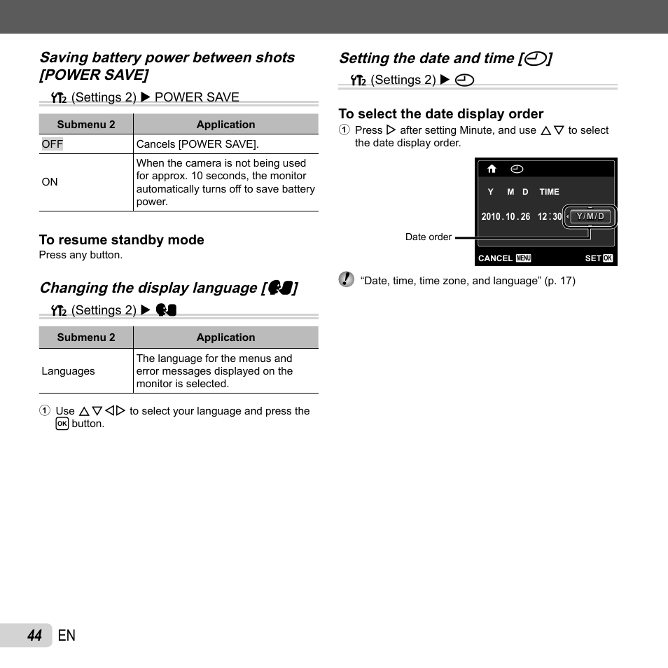 44 en, Changing the display language, Changing the display language [ w w | Setting the date and time, Setting the date and time [ x x | Olympus T-110 User Manual | Page 44 / 75