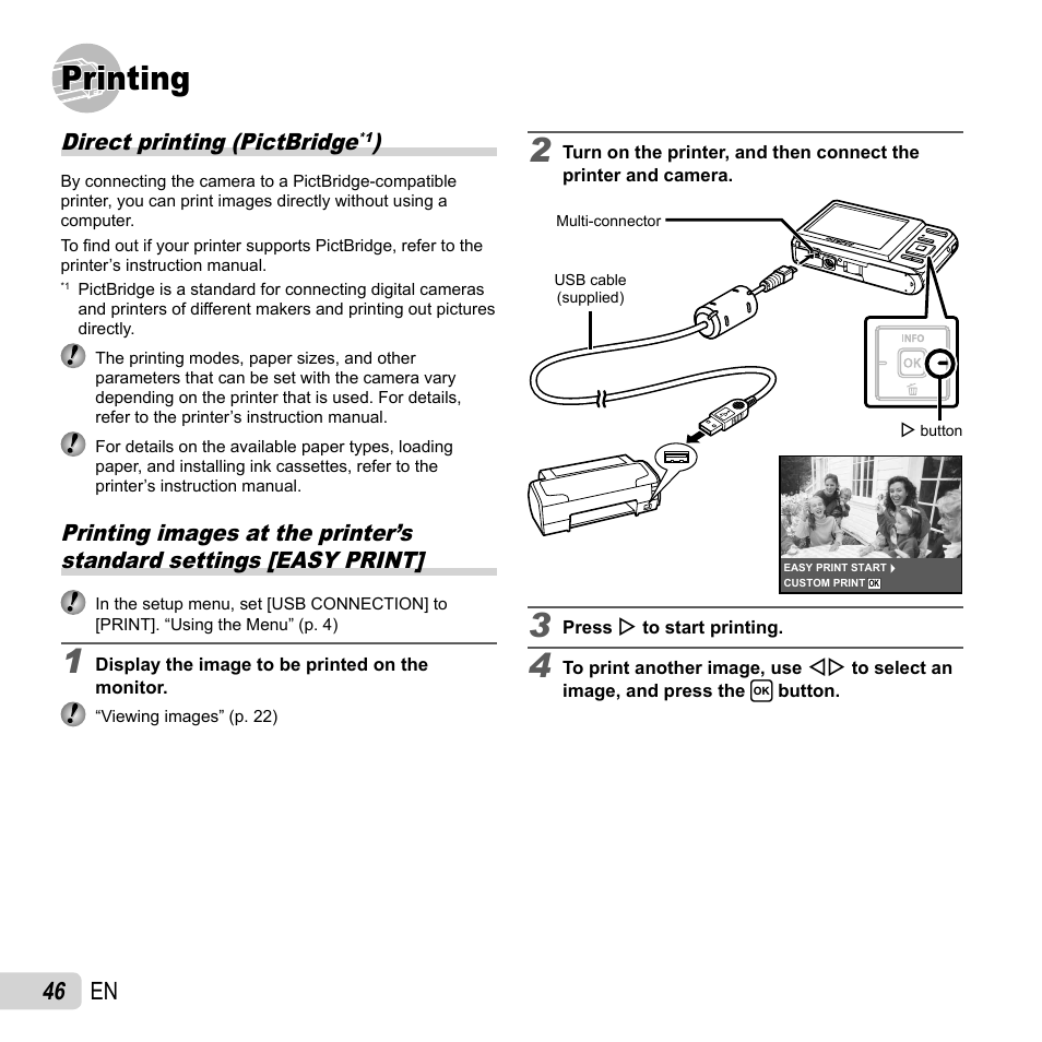 Printing, 46 en, Direct printing (pictbridge | Olympus T-110 User Manual | Page 46 / 75