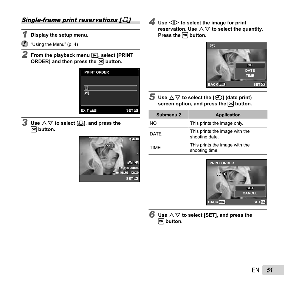 51 en, Single-frame print reservations | Olympus T-110 User Manual | Page 51 / 75