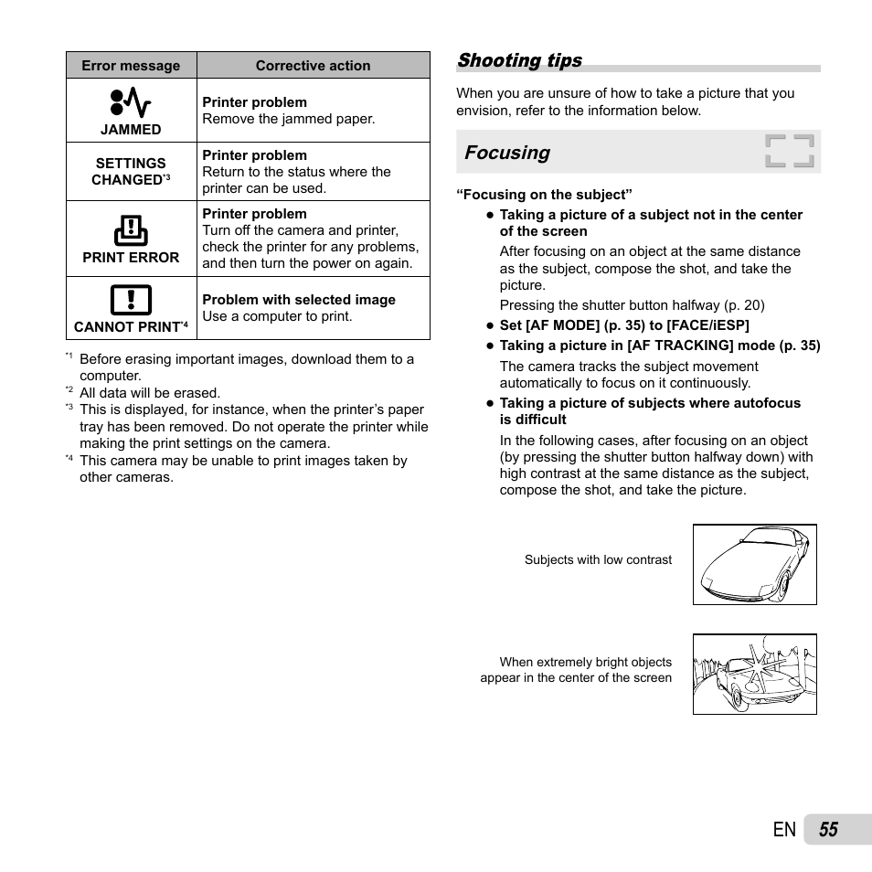 55 en, Shooting tips, Focusing | Olympus T-110 User Manual | Page 55 / 75