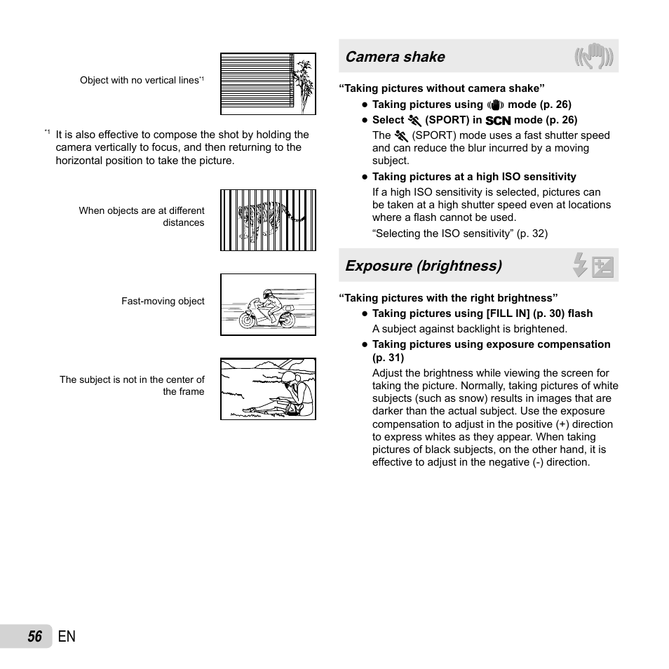 56 en, Camera shake, Exposure (brightness) | Olympus T-110 User Manual | Page 56 / 75