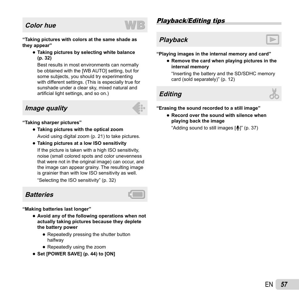 57 en, Color hue, Image quality | Batteries, Playback/editing tips playback, Editing | Olympus T-110 User Manual | Page 57 / 75