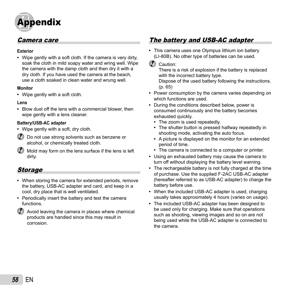 Appendix, 58 en, Camera care | Storage, The battery and usb-ac adapter | Olympus T-110 User Manual | Page 58 / 75