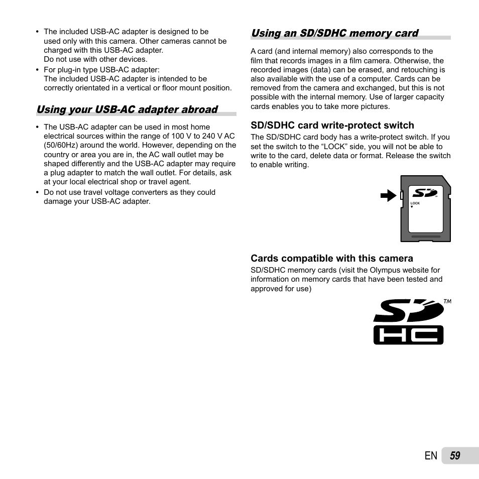 59 en, Using your usb-ac adapter abroad | Olympus T-110 User Manual | Page 59 / 75