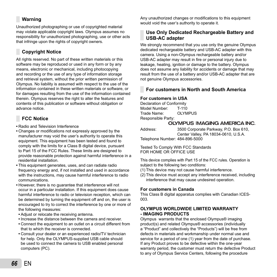 66 en | Olympus T-110 User Manual | Page 66 / 75