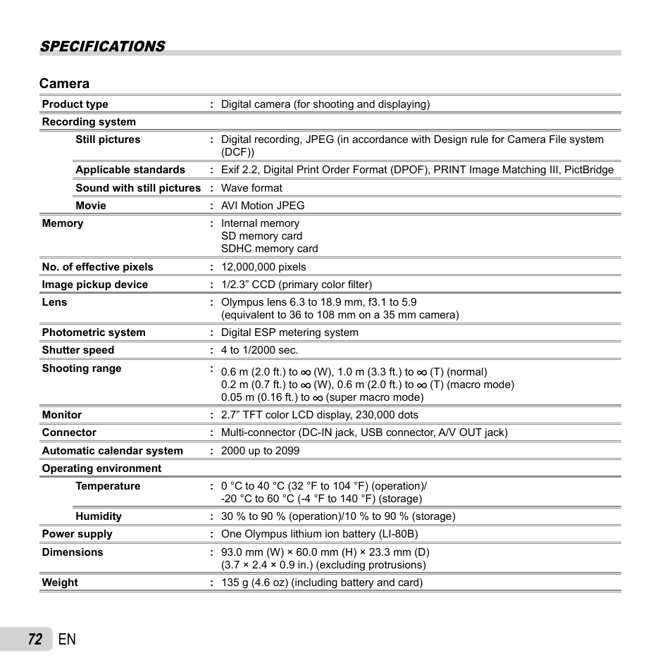 72 en, Specifications, Camera | Olympus T-110 User Manual | Page 72 / 75