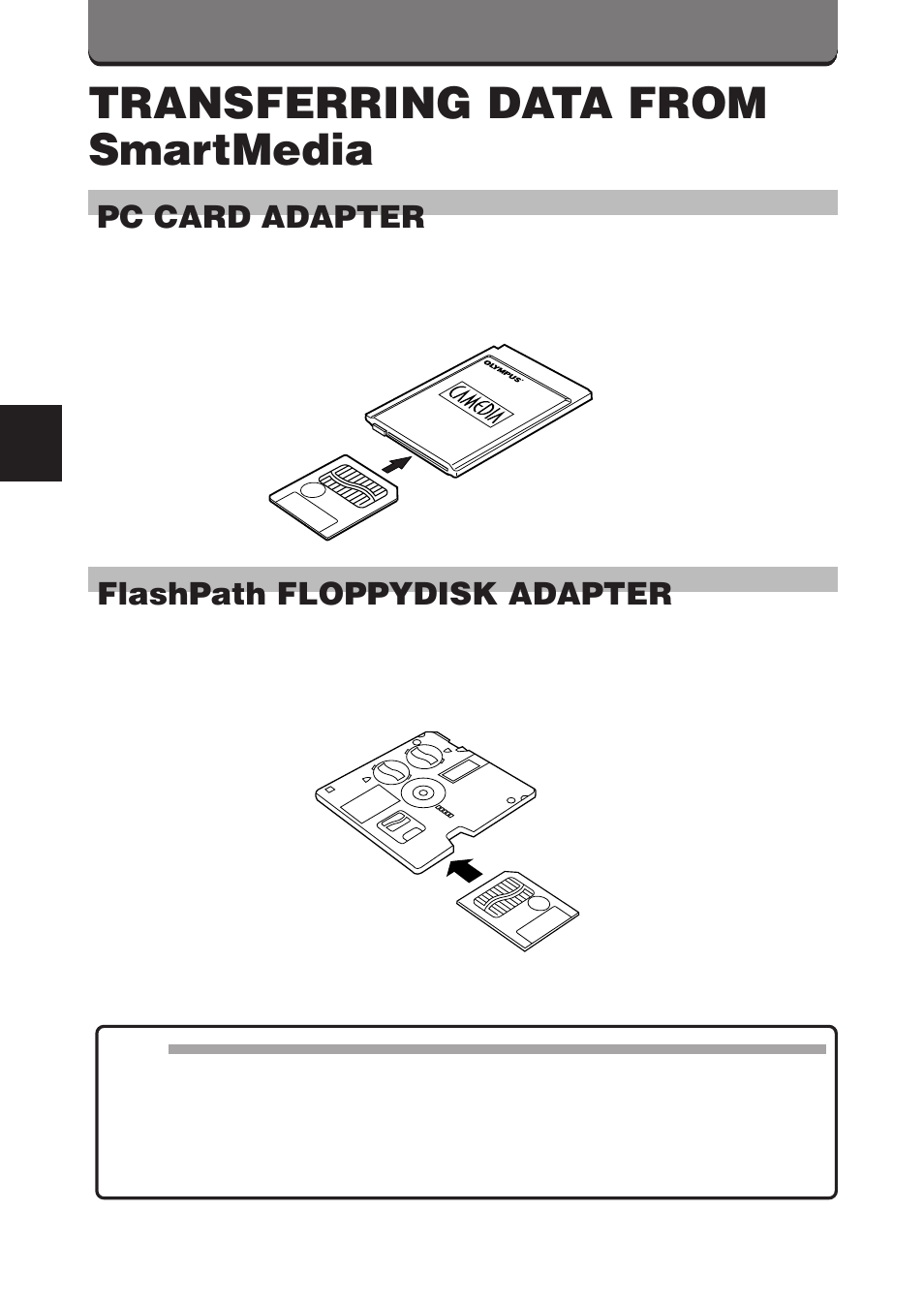 Transferring data from smartmedia, Pc card adapter, Flashpath floppydisk adapter | Olympus D-360L User Manual | Page 100 / 124