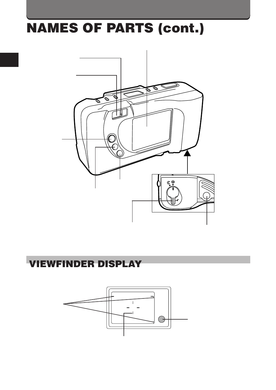 Names of parts (cont.), Viewfinder display | Olympus D-360L User Manual | Page 22 / 124