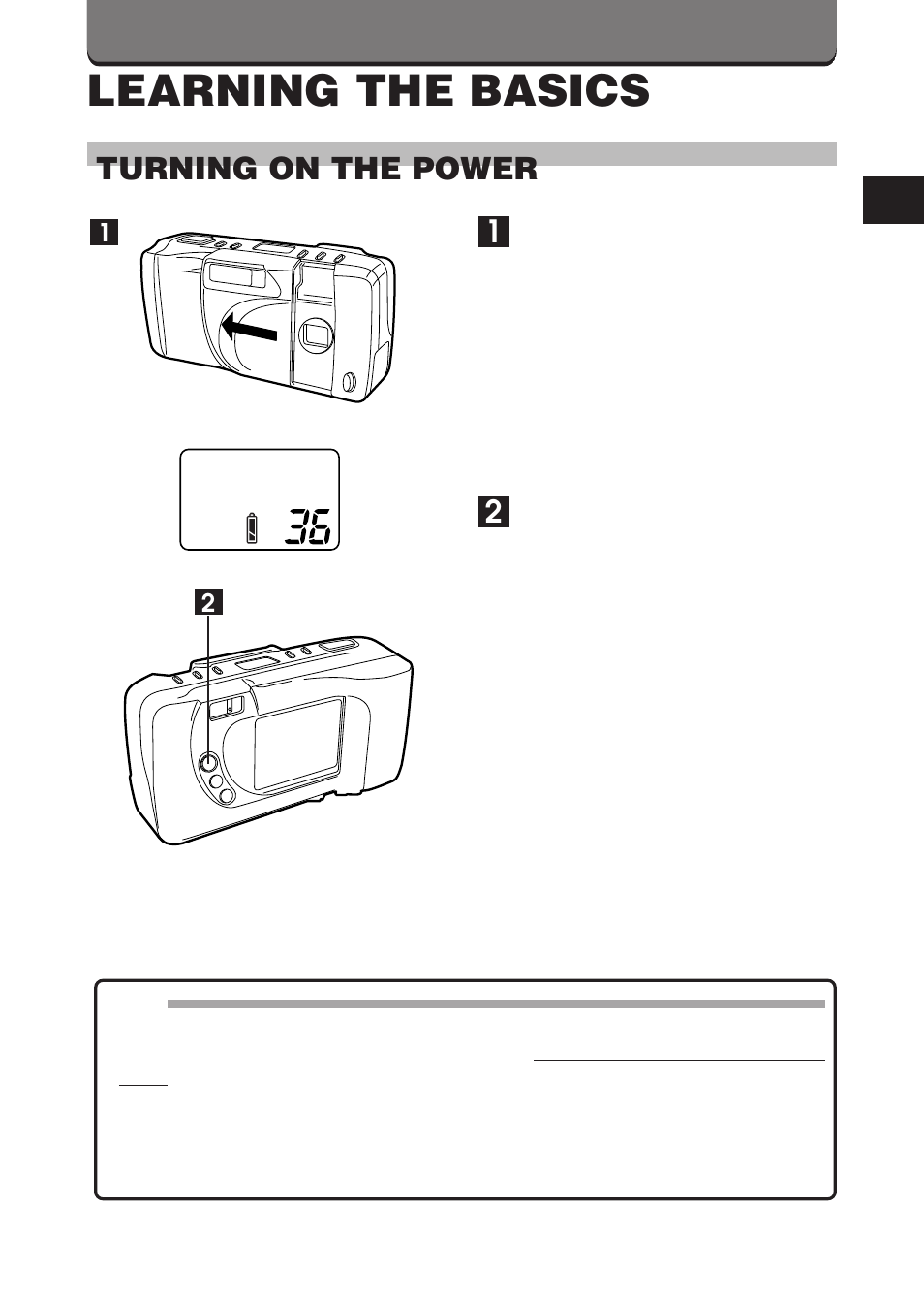 Learning the basics, Turning on the power | Olympus D-360L User Manual | Page 31 / 124