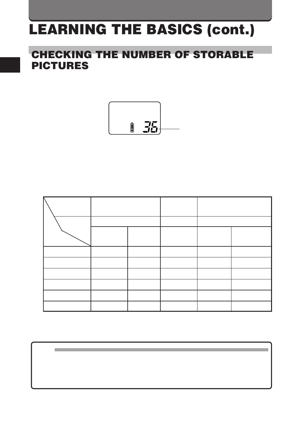 Learning the basics (cont.), 34 checking the number of storable pictures | Olympus D-360L User Manual | Page 34 / 124