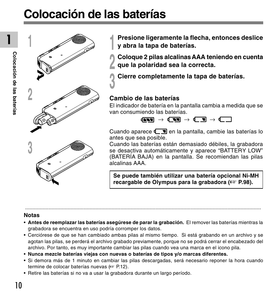 Colocación de las baterías | Olympus DM-10 User Manual | Page 10 / 101