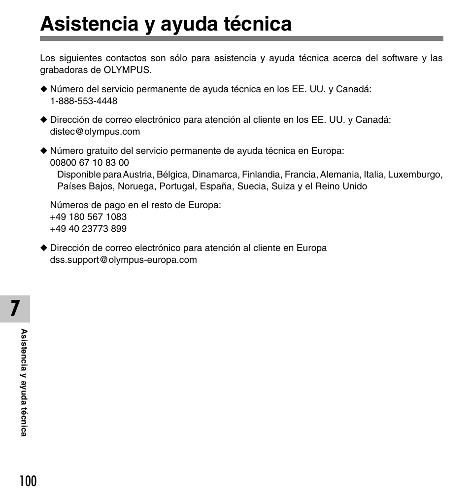 Asistencia y ayuda técnica | Olympus DM-10 User Manual | Page 100 / 101