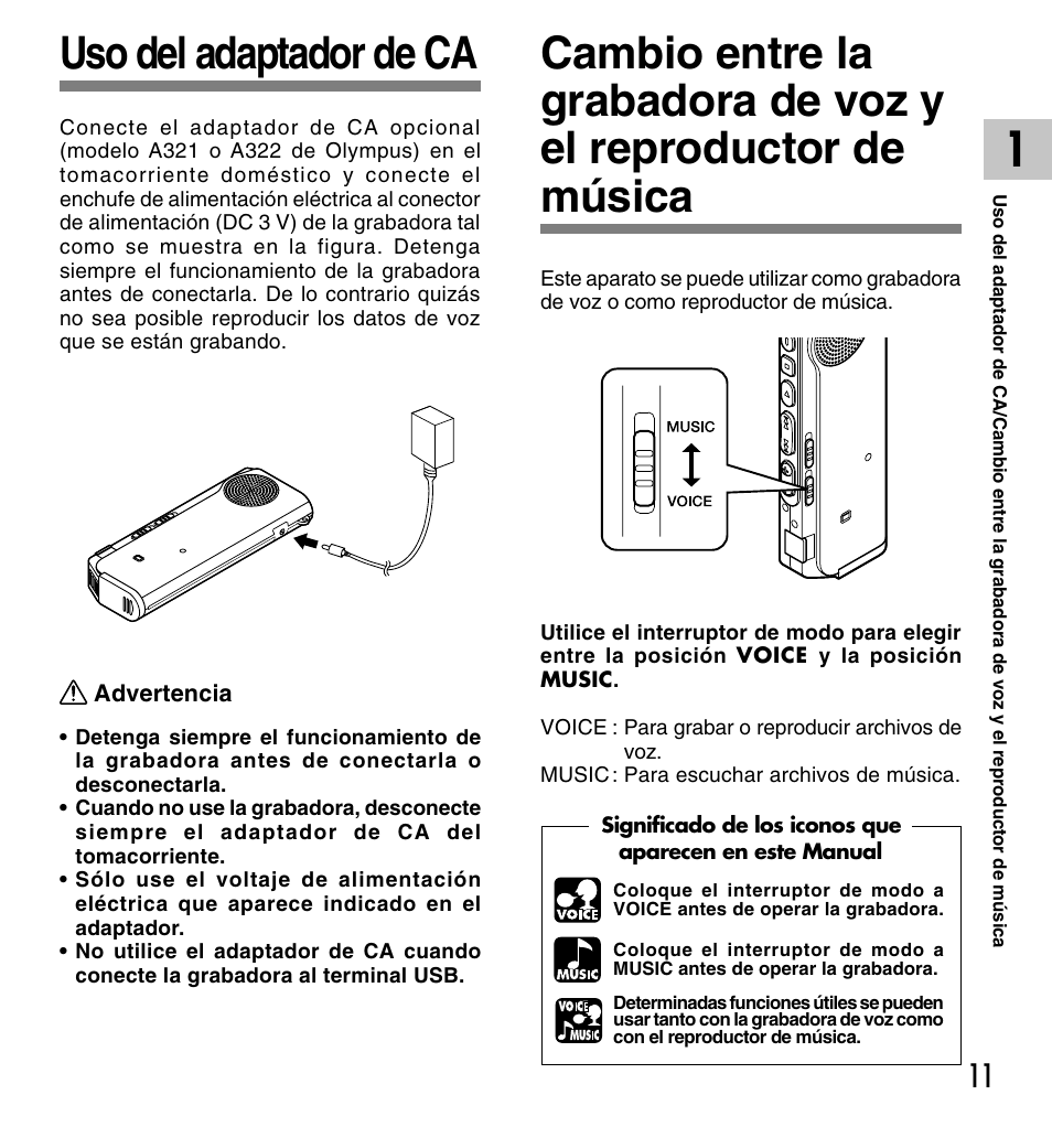 Uso del adaptador de ca | Olympus DM-10 User Manual | Page 11 / 101