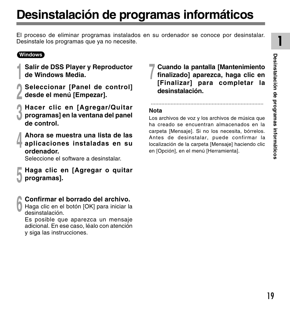 Desinstalación de programas informáticos | Olympus DM-10 User Manual | Page 19 / 101