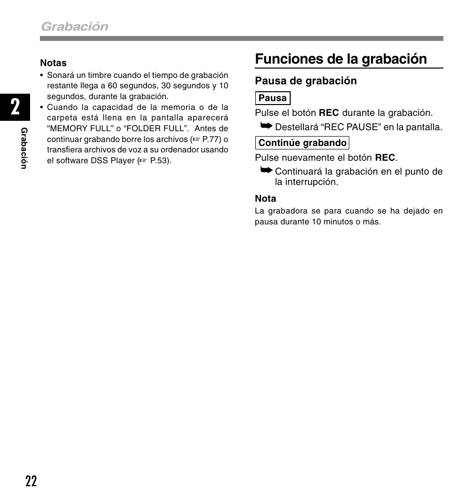 Funciones de la grabación, Grabación | Olympus DM-10 User Manual | Page 22 / 101