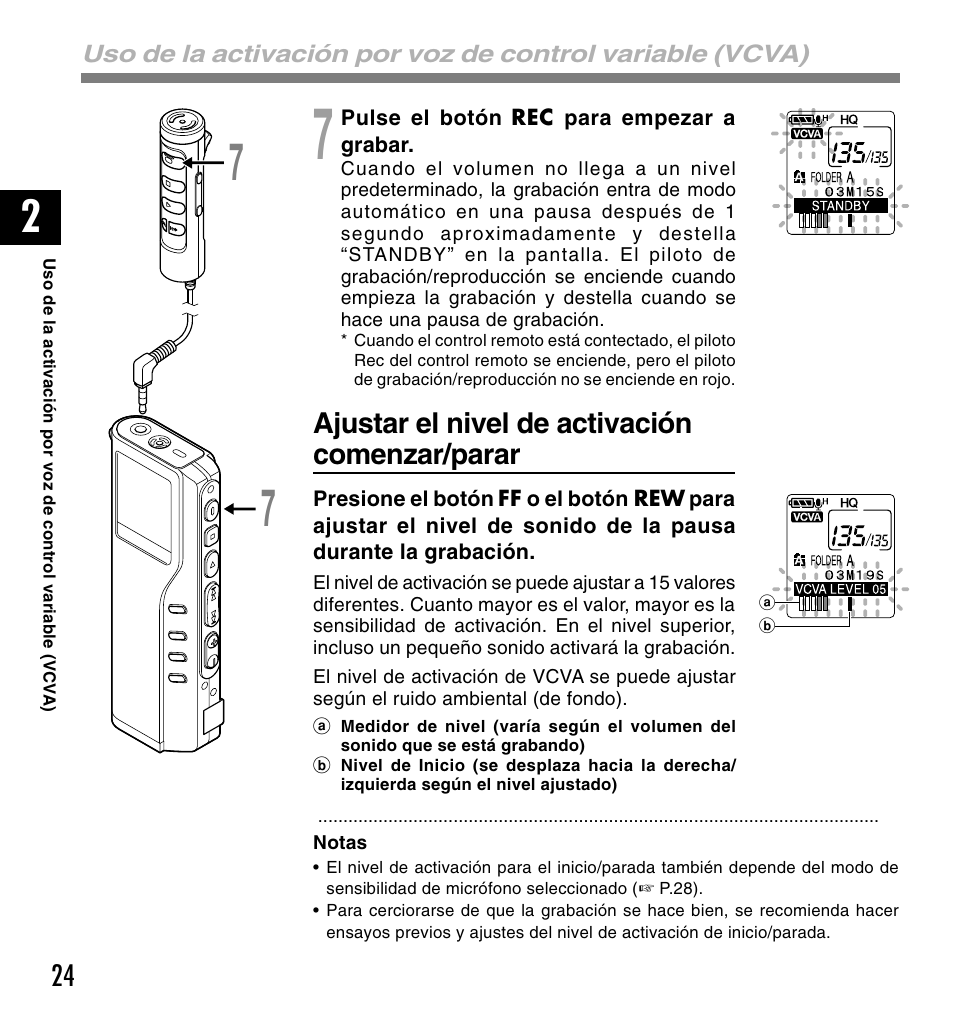 Ajustar el nivel de activación comenzar/parar | Olympus DM-10 User Manual | Page 24 / 101