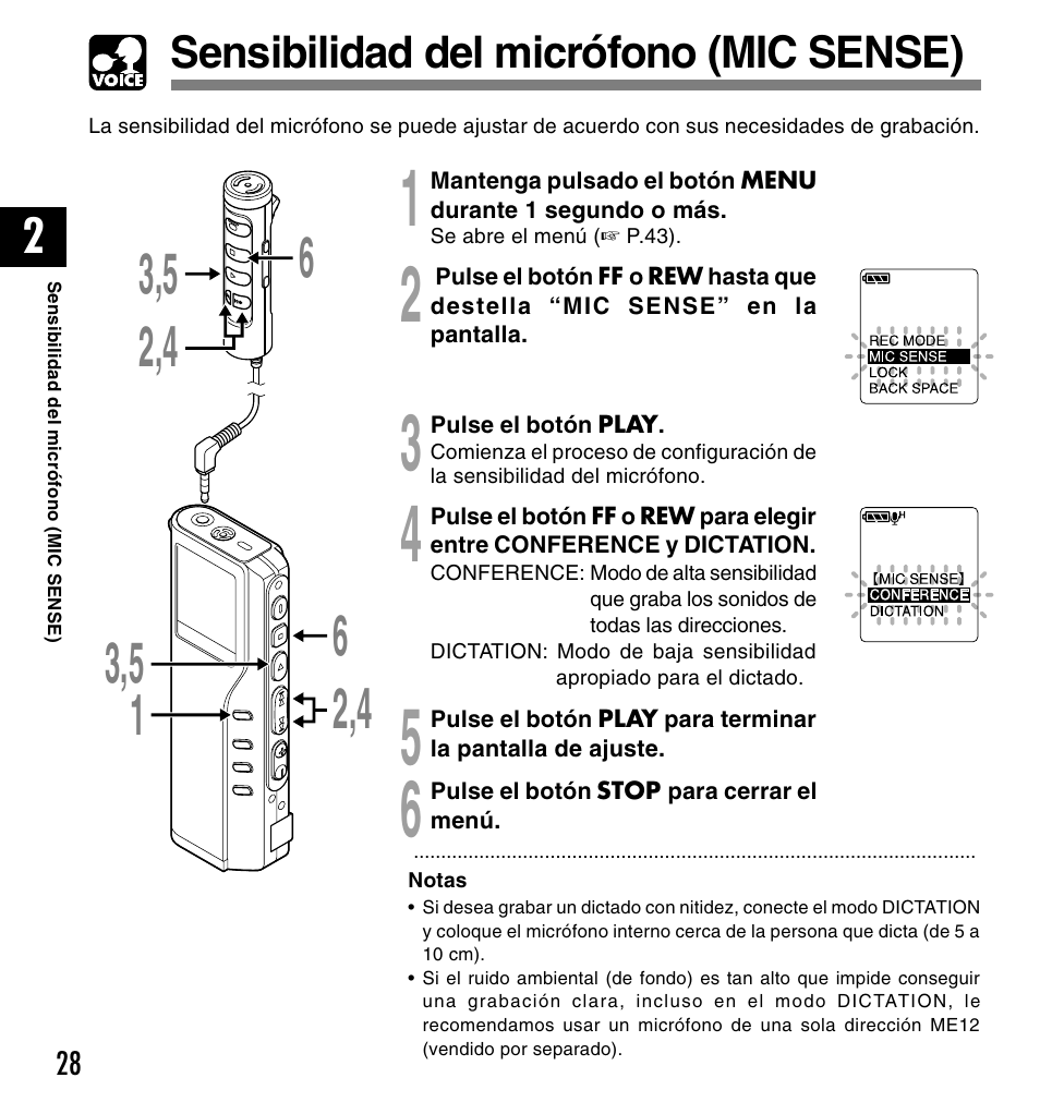 Sensibilidad del micrófono (mic sense) | Olympus DM-10 User Manual | Page 28 / 101