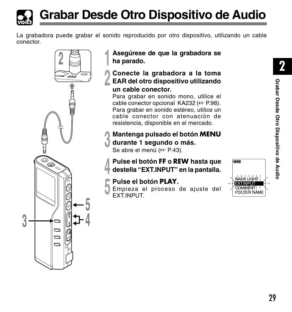 Grabar desde otro dispositivo de audio | Olympus DM-10 User Manual | Page 29 / 101