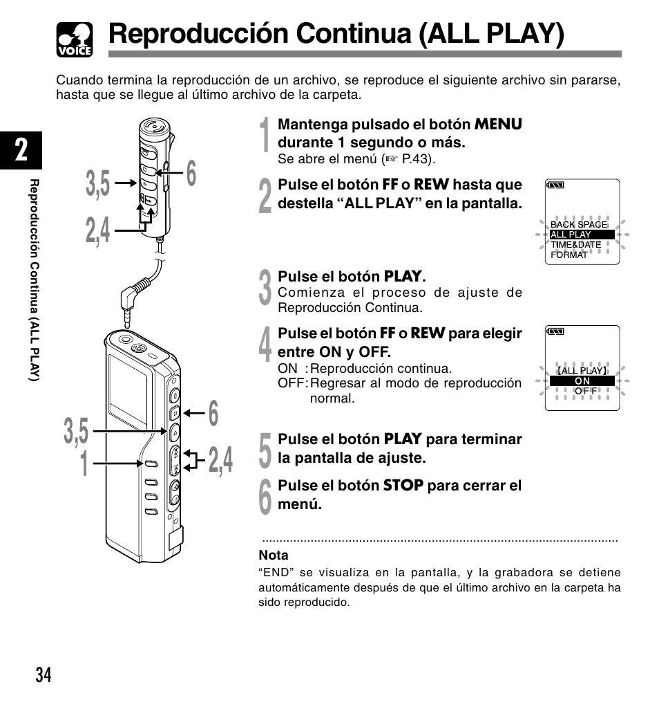 Reproducción continua (all play) | Olympus DM-10 User Manual | Page 34 / 101