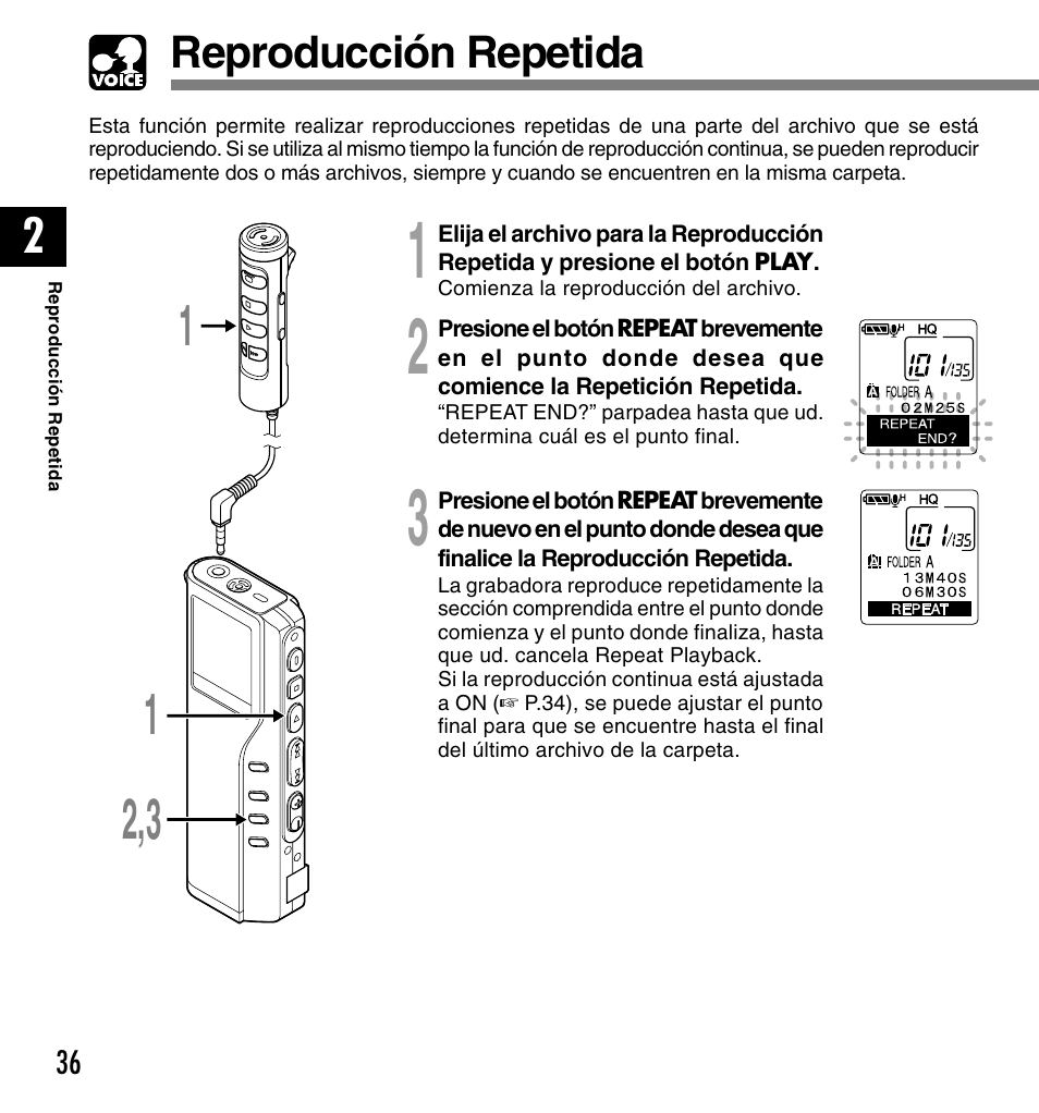 Reproducción repetida | Olympus DM-10 User Manual | Page 36 / 101