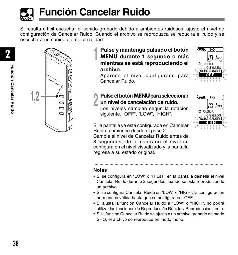 Función cancelar ruido | Olympus DM-10 User Manual | Page 38 / 101