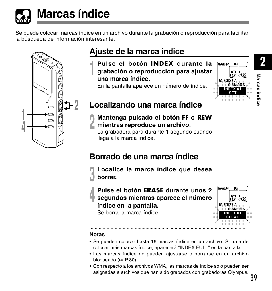 Marcas índice | Olympus DM-10 User Manual | Page 39 / 101