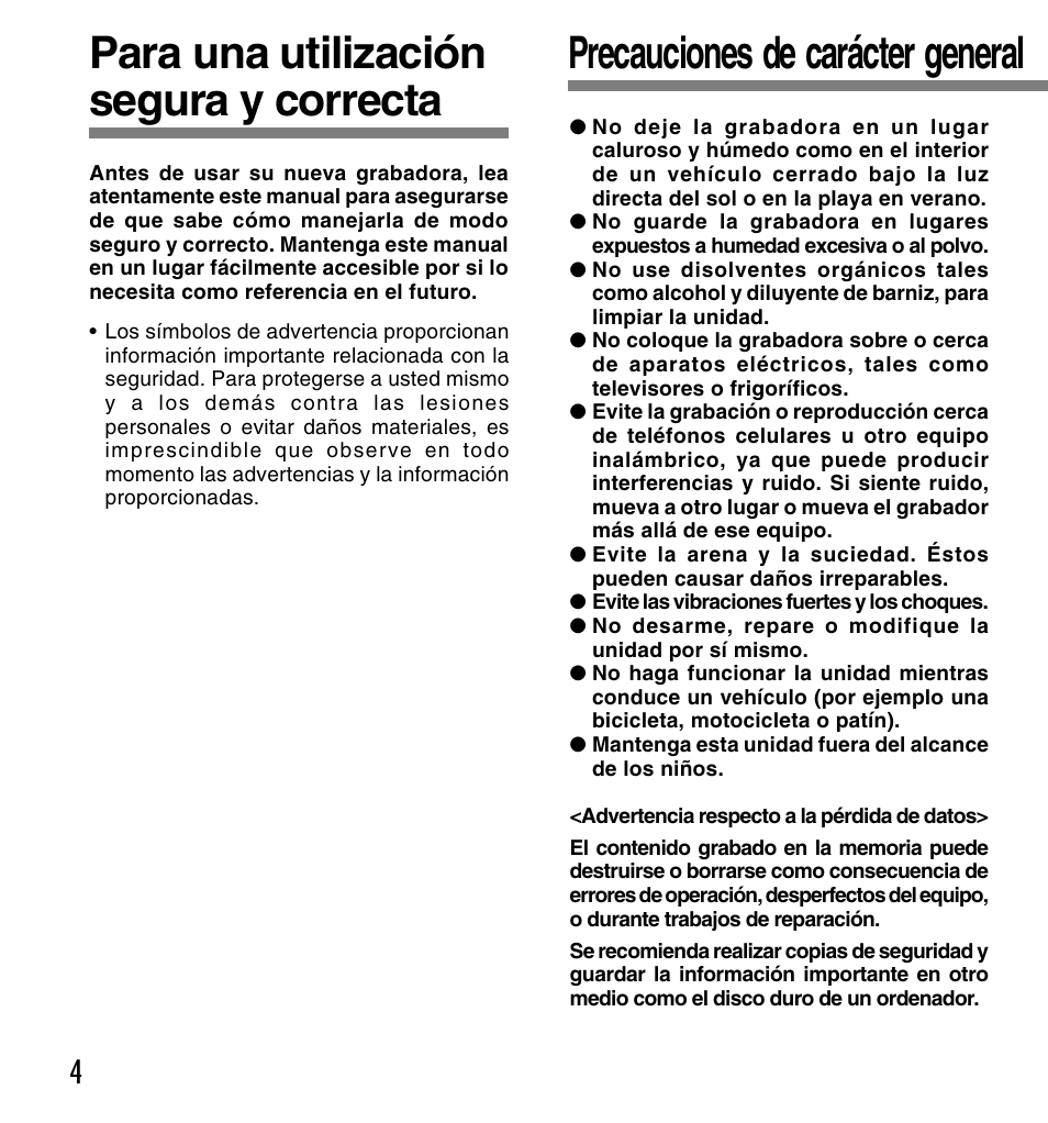 Para una utilización segura y correcta, Precauciones de carácter general | Olympus DM-10 User Manual | Page 4 / 101