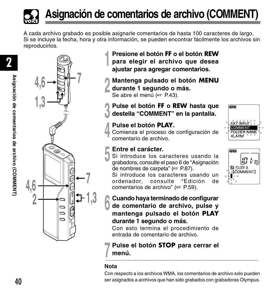 Asignación de comentarios de archivo (comment) | Olympus DM-10 User Manual | Page 40 / 101