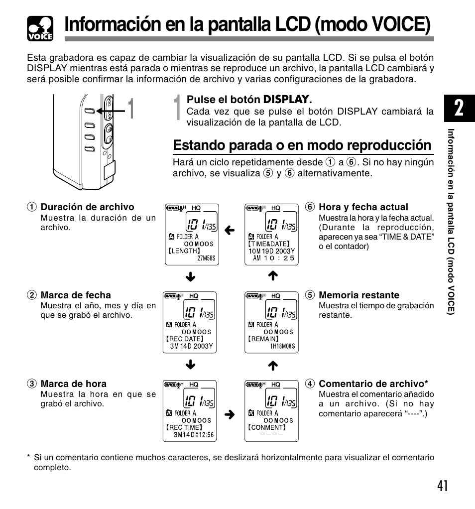 Información en la pantalla lcd (modo voice), Estando parada o en modo reproducción | Olympus DM-10 User Manual | Page 41 / 101