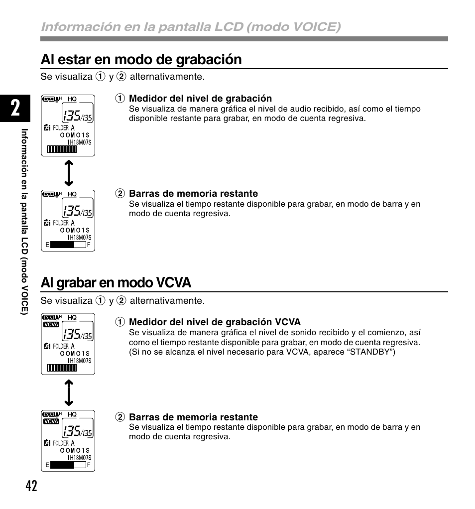 Al estar en modo de grabación, Al grabar en modo vcva | Olympus DM-10 User Manual | Page 42 / 101