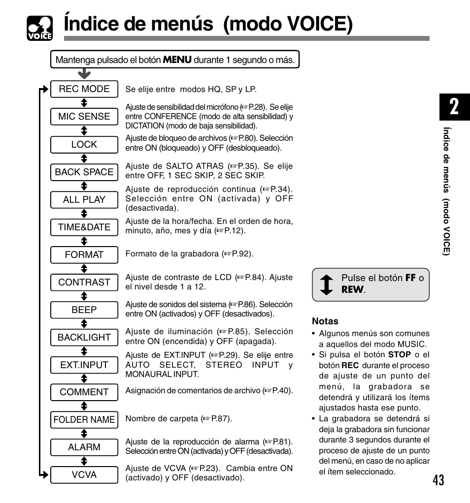 Índice de menús (modo voice) | Olympus DM-10 User Manual | Page 43 / 101