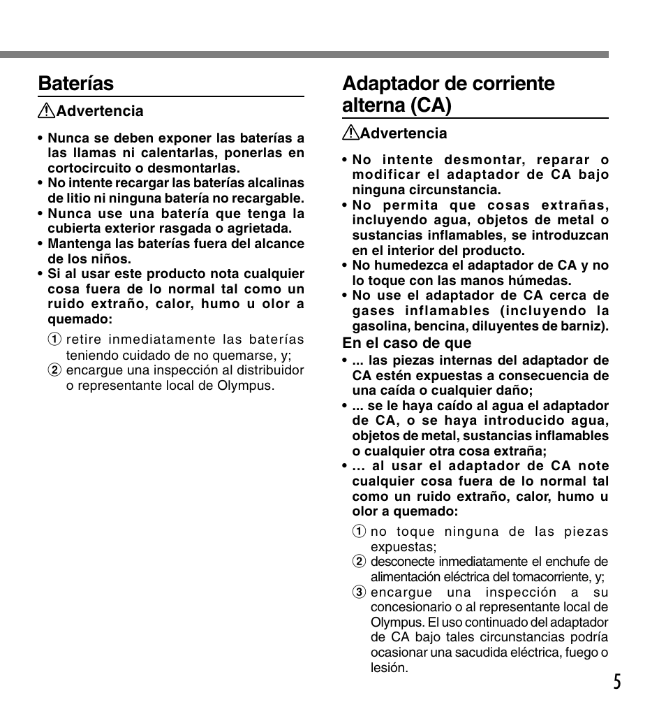 5baterías, Adaptador de corriente alterna (ca) | Olympus DM-10 User Manual | Page 5 / 101