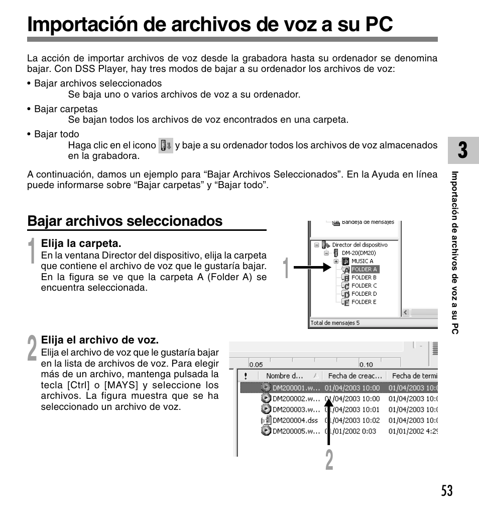 Importación de archivos de voz a su pc | Olympus DM-10 User Manual | Page 53 / 101