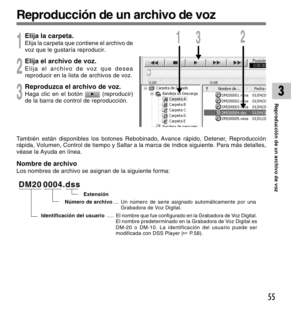 Reproducción de un archivo de voz | Olympus DM-10 User Manual | Page 55 / 101