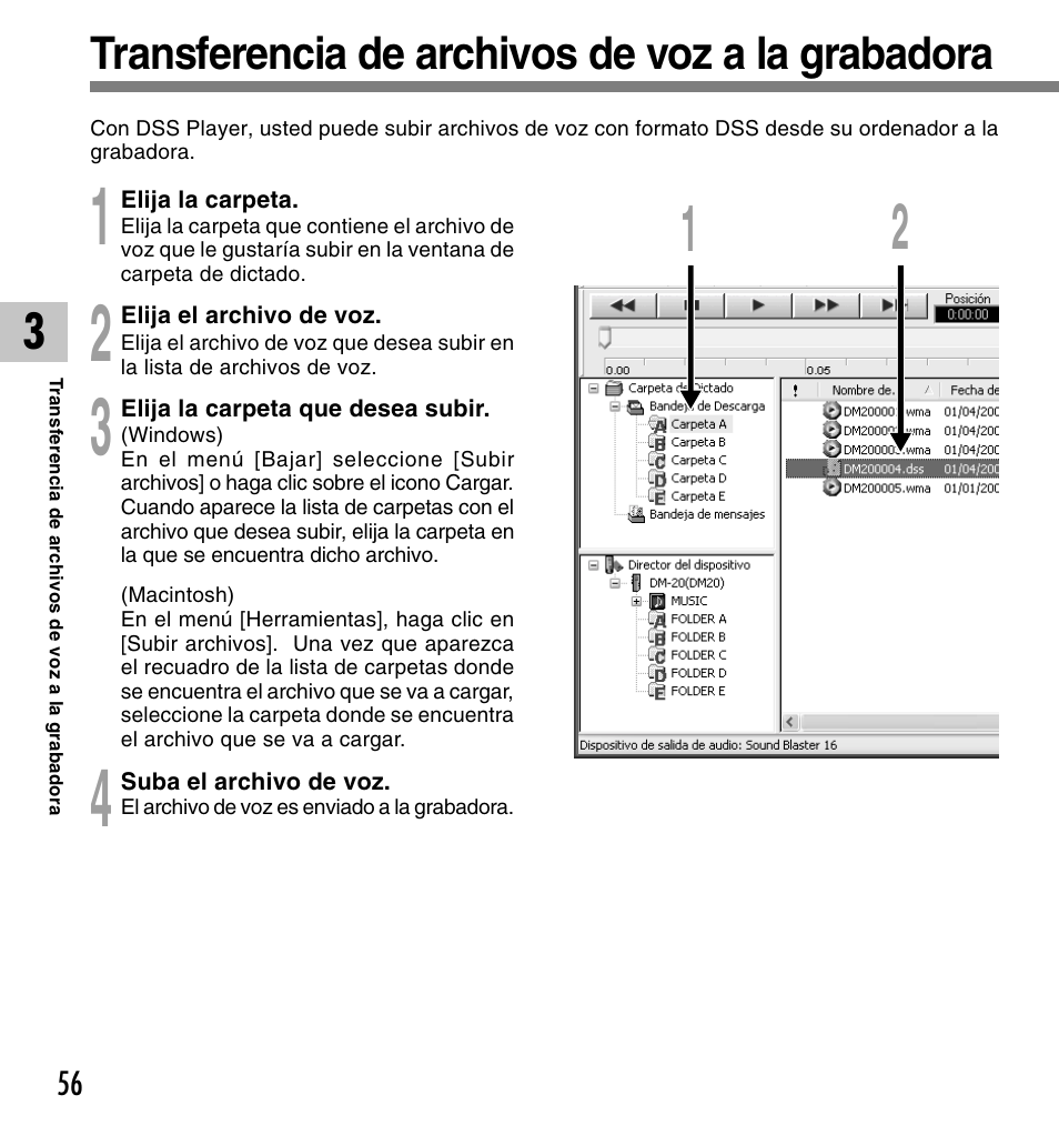 Transferencia de archivos de voz a la grabadora | Olympus DM-10 User Manual | Page 56 / 101