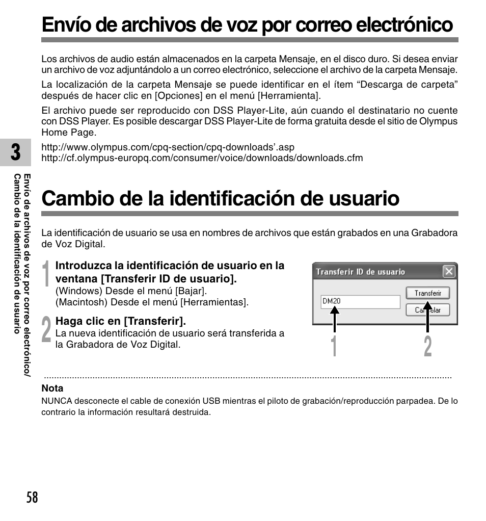 Envío de archivos de voz por correo electrónico, Cambio de la identificación de usuario | Olympus DM-10 User Manual | Page 58 / 101