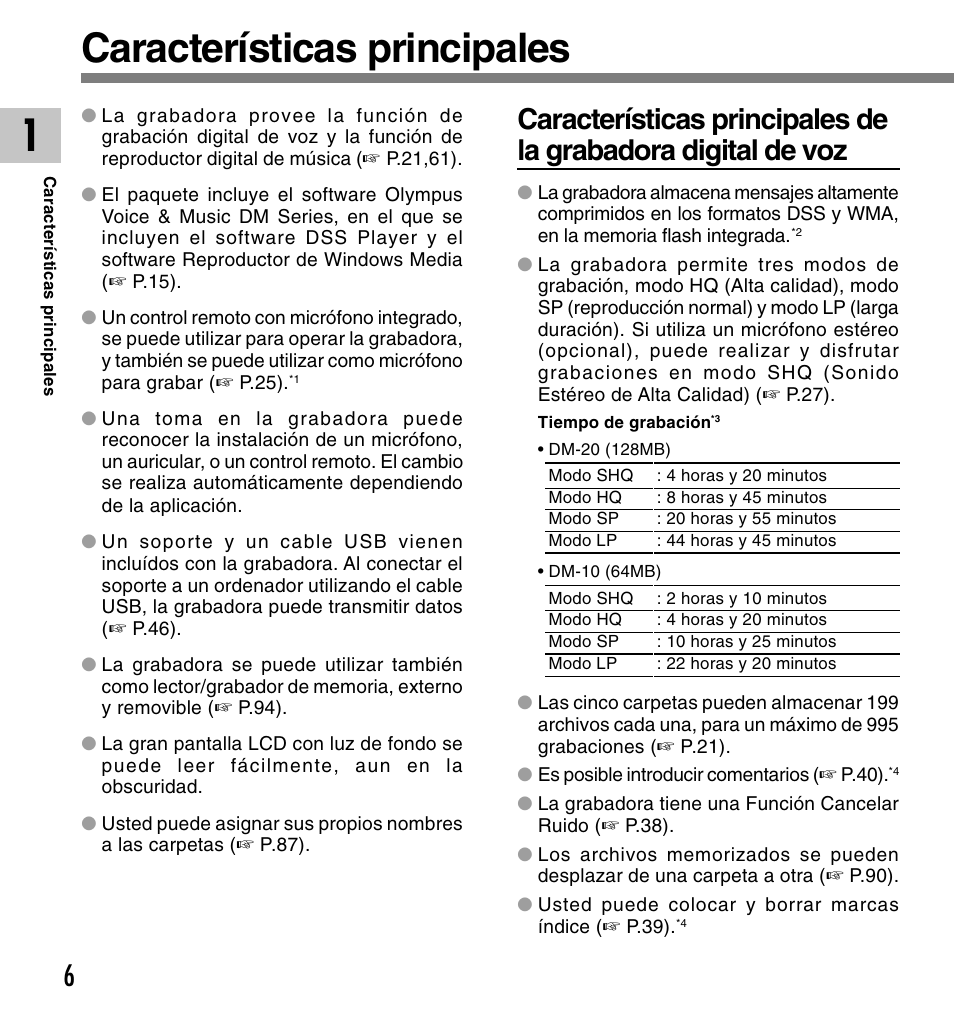 Características principales | Olympus DM-10 User Manual | Page 6 / 101