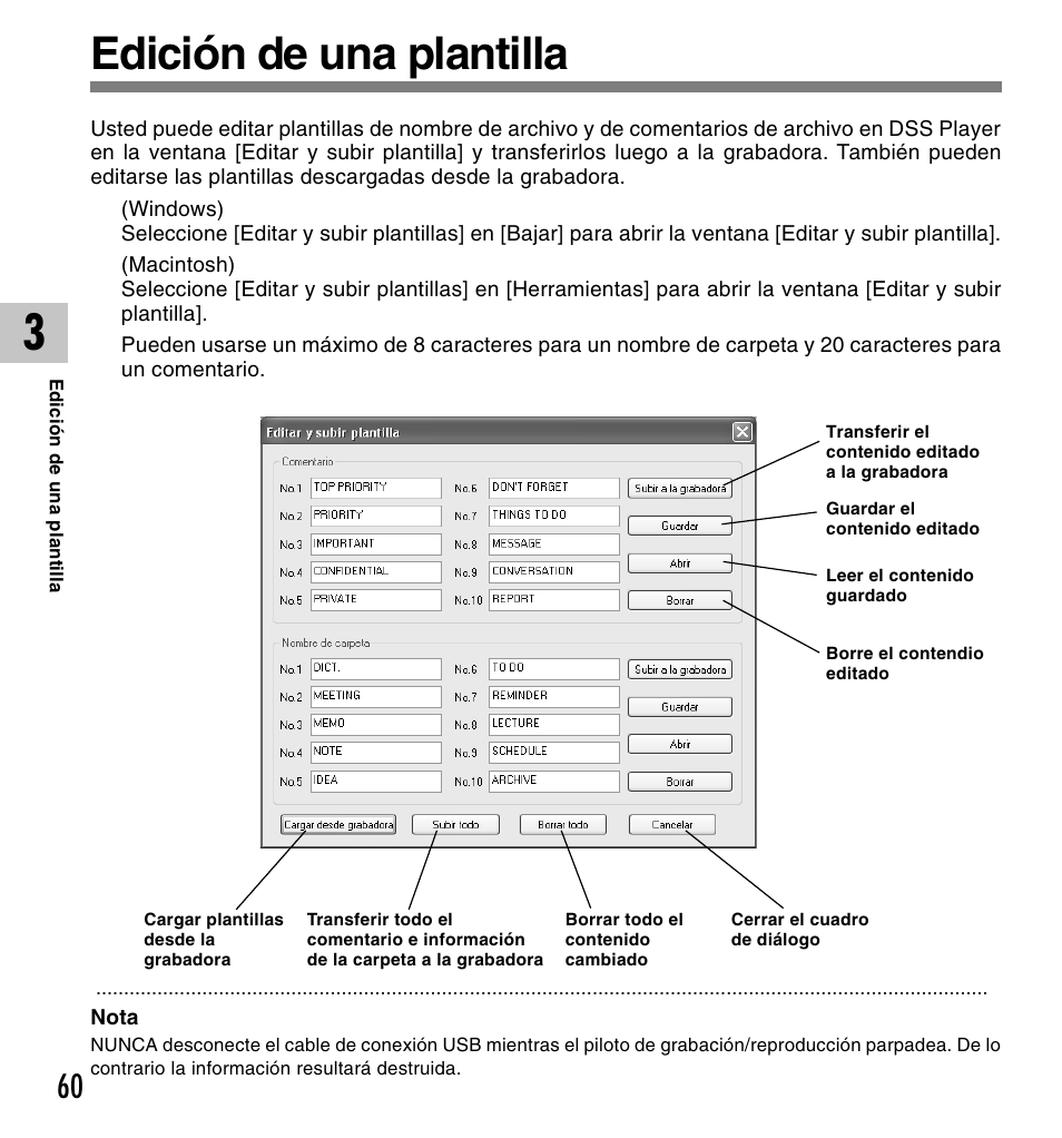 Edición de una plantilla | Olympus DM-10 User Manual | Page 60 / 101