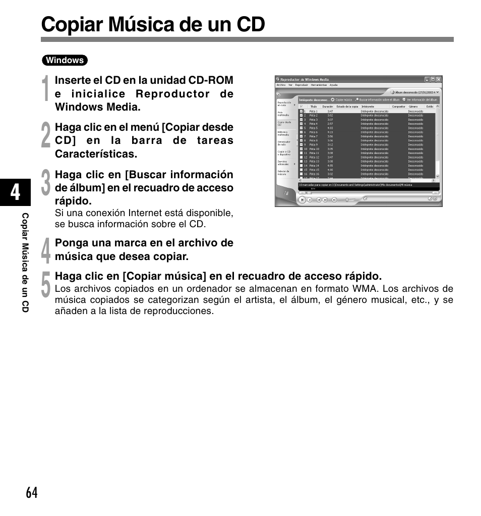 Copiar música de un cd | Olympus DM-10 User Manual | Page 64 / 101