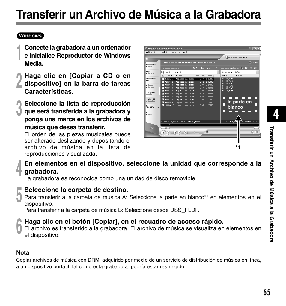 Transferir un archivo de música a la grabadora | Olympus DM-10 User Manual | Page 65 / 101