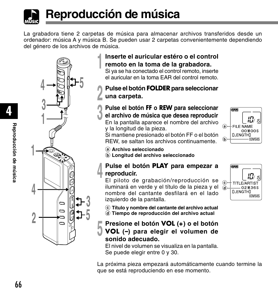 Reproducción de música | Olympus DM-10 User Manual | Page 66 / 101