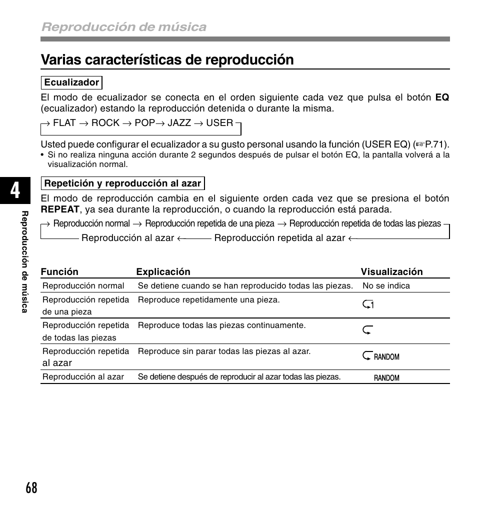 Varias características de reproducción, Reproducción de música | Olympus DM-10 User Manual | Page 68 / 101