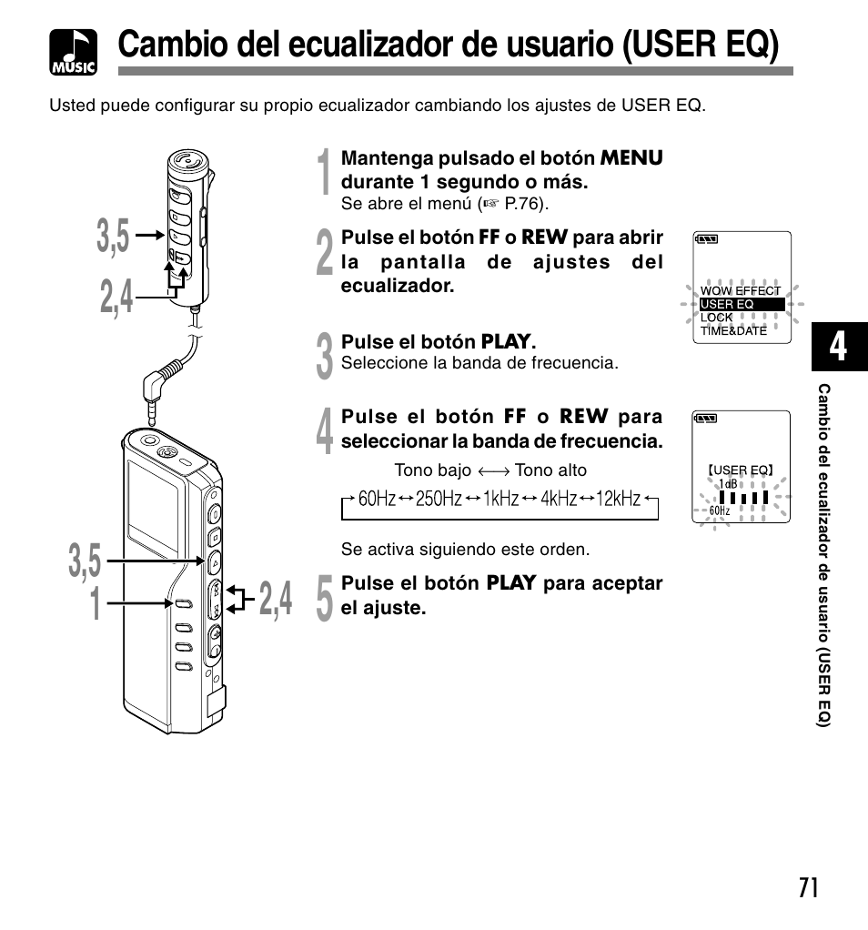 Cambio del ecualizador de usuario (user eq) | Olympus DM-10 User Manual | Page 71 / 101