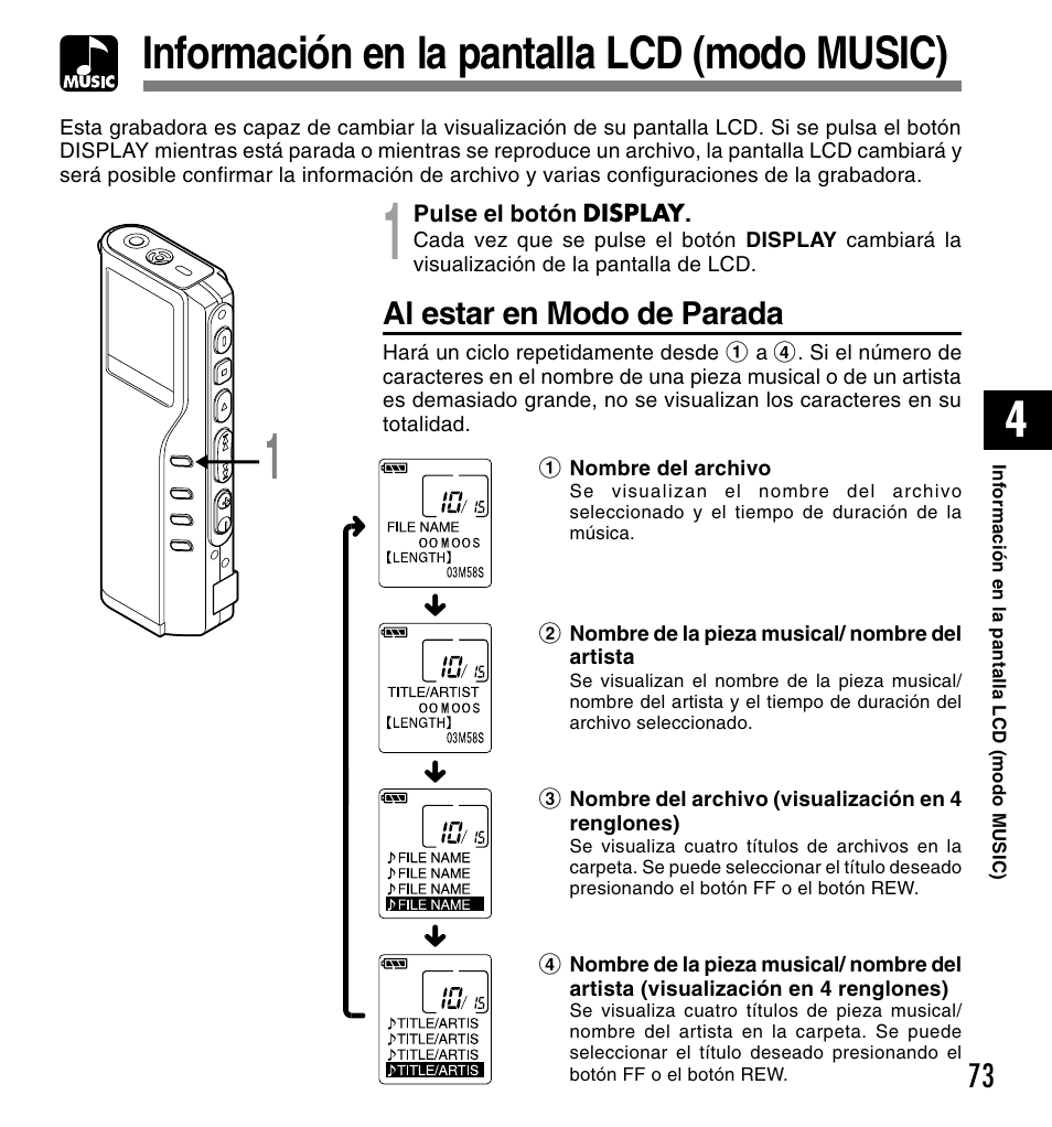 Información en la pantalla lcd (modo music), Al estar en modo de parada | Olympus DM-10 User Manual | Page 73 / 101