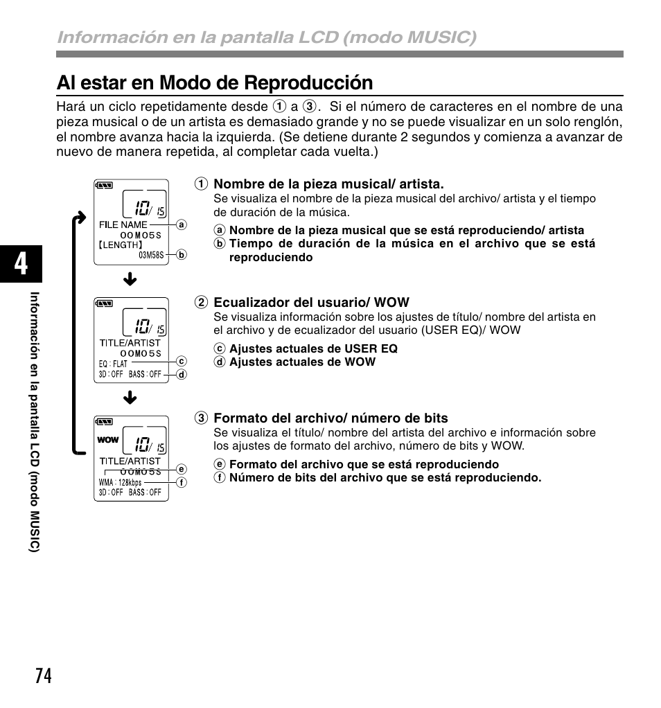 Al estar en modo de reproducción, Información en la pantalla lcd (modo music) | Olympus DM-10 User Manual | Page 74 / 101