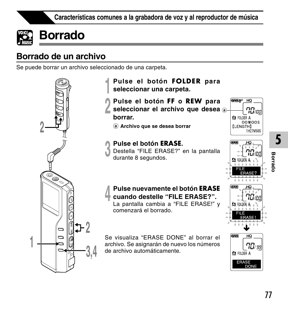 Borrado | Olympus DM-10 User Manual | Page 77 / 101