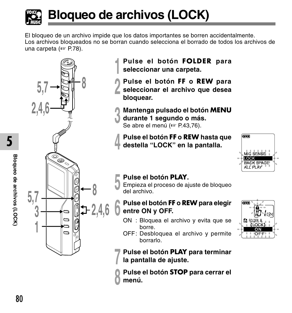 Bloqueo de archivos (lock) | Olympus DM-10 User Manual | Page 80 / 101