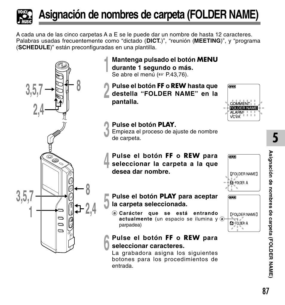 Asignación de nombres de carpeta (folder name) | Olympus DM-10 User Manual | Page 87 / 101