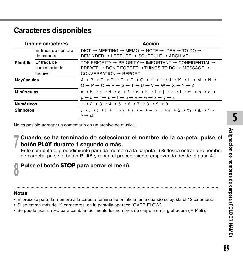 Caracteres disponibles | Olympus DM-10 User Manual | Page 89 / 101